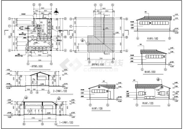 某长9.9米 宽7.2米 1层70平米小公厕CAD建筑设计施工图纸（建筑设计说明 一层平面 屋顶平面 四立二剖面）-图一