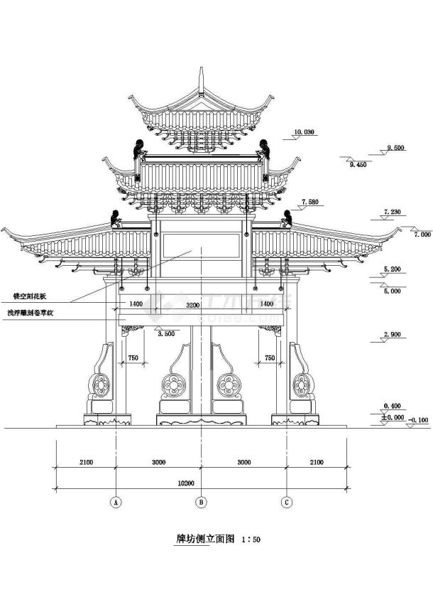 某砖石混结构仿古风格重檐型牌楼设计cad全套建筑施工图(甲级院设计)