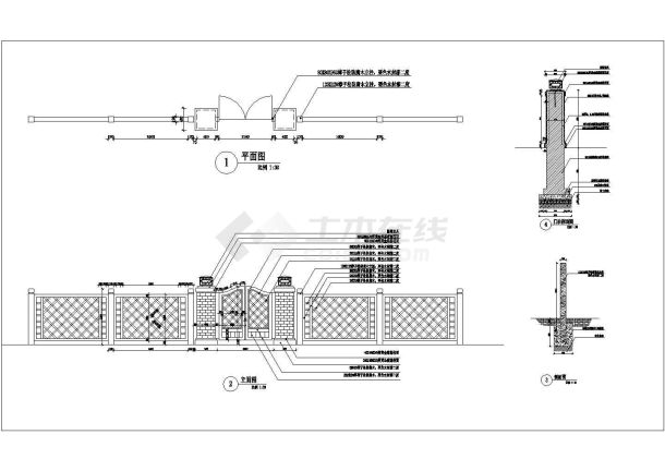 私家花园庭院入口防腐木格栅大门围墙灯柱施工图详图-图一