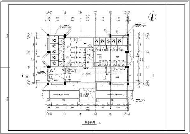 某长12.9米宽8.1米，1层104.49平米砖混结构市城区土建公厕（一层平面 施工图设计说明）-图二