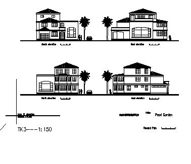 海南三层B型独立明珠海景花园别墅建筑施工cad图，共三张