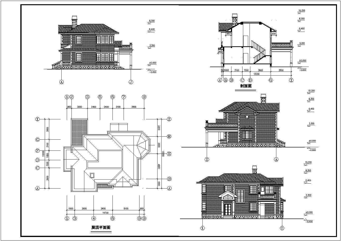 某二层砖混结构欧式风格小别墅设计cad全套建筑施工图（标注详细）