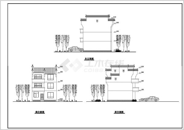某三层别墅(带庭院)徽派风格建筑平立面CAD图纸-图一
