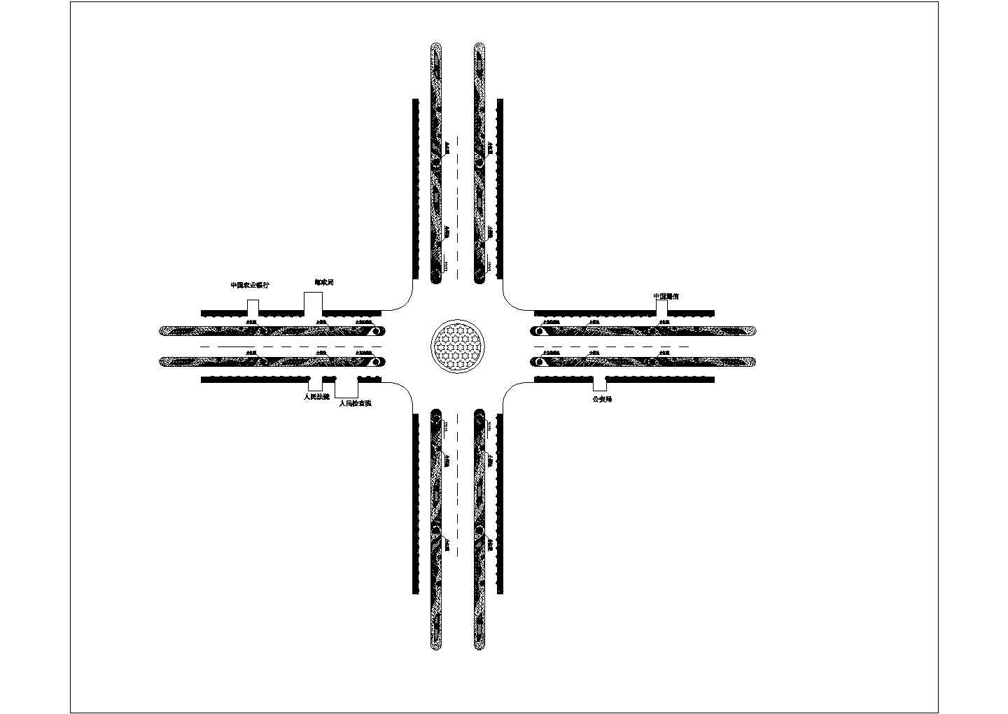 某城市道路十字路口绿化设计cad施工平面图（标注详细）