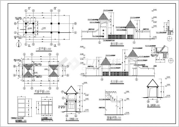 某小区大门CAD建筑设计施工图-图二