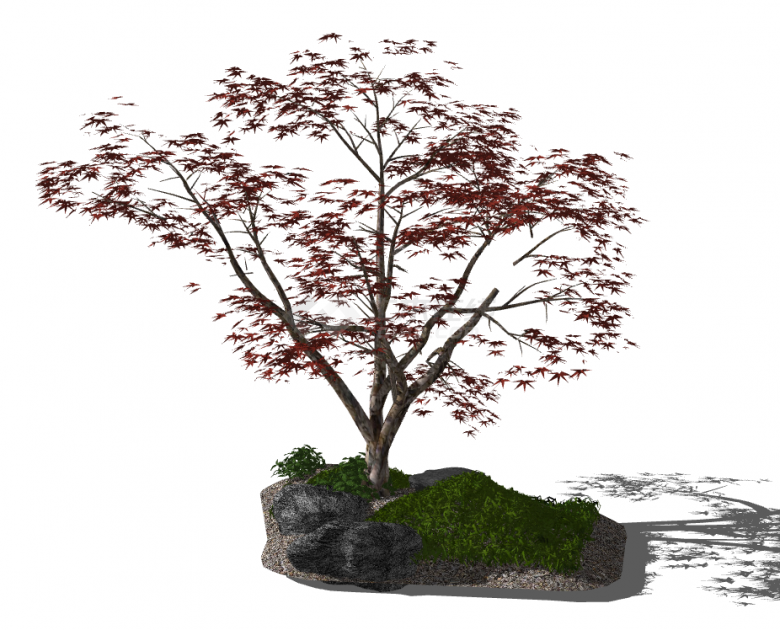 新中式红色景观树建筑su模型-图一