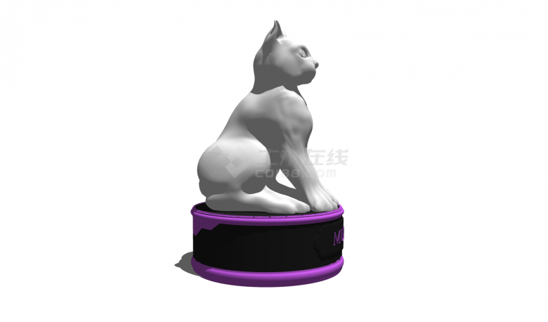紫黑色圆柱底座白色坐立小猫动物雕塑su模型-图二