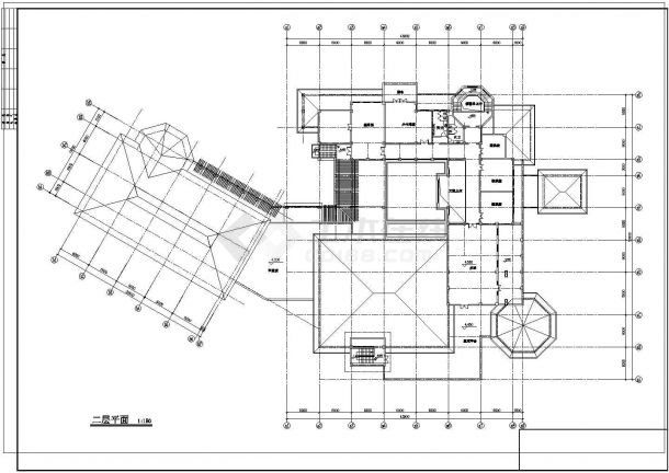 二层会所建筑施工cad图(带地下一层平面图，共六张)-图二