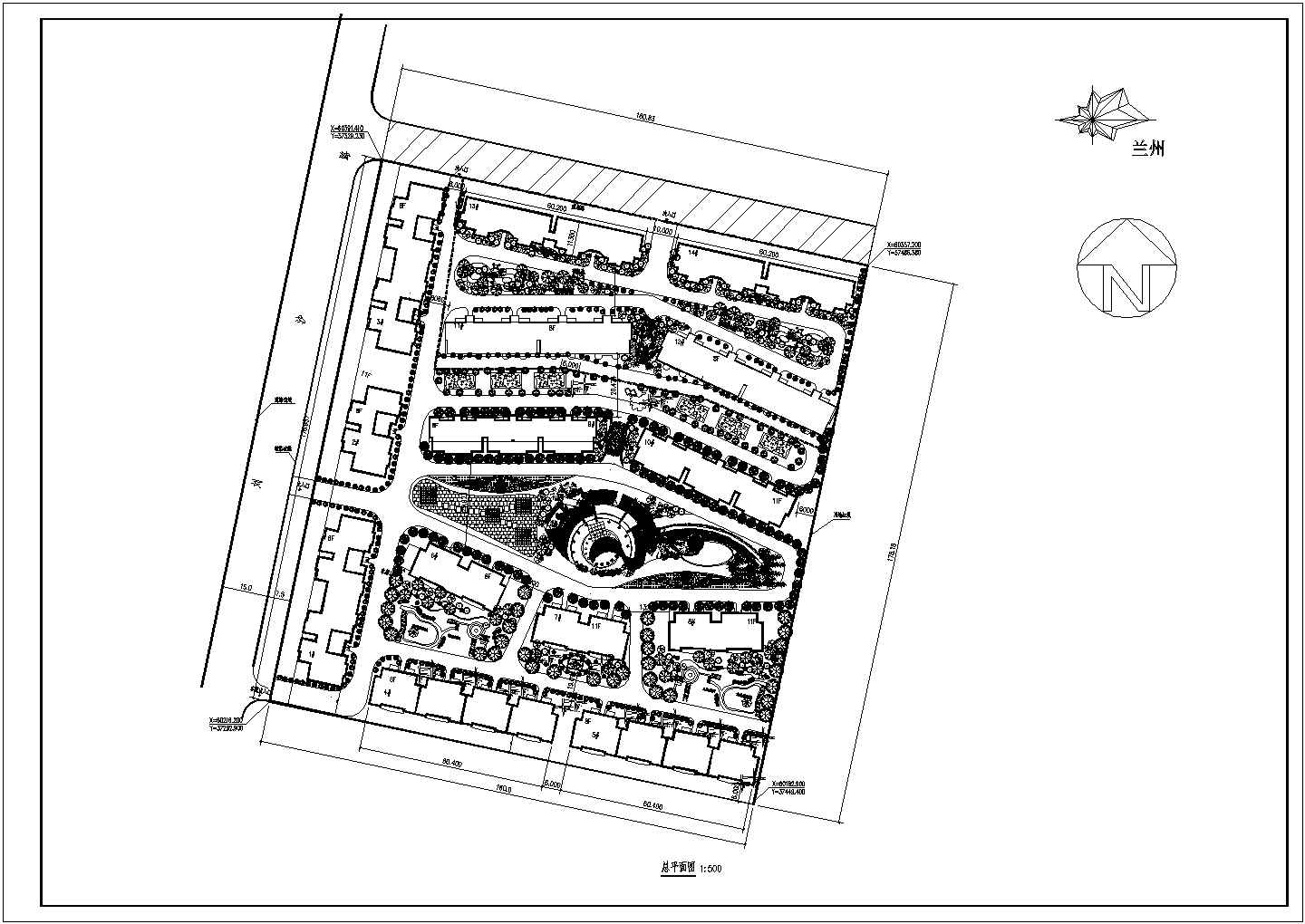 某现代住宅小区规划绿化设计cad总平面布置图（甲级院设计）