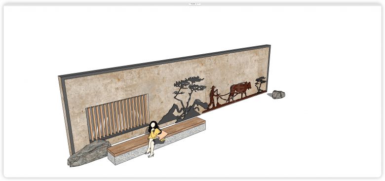 长桌椅竖条镂空农耕文化景墙su模型-图二
