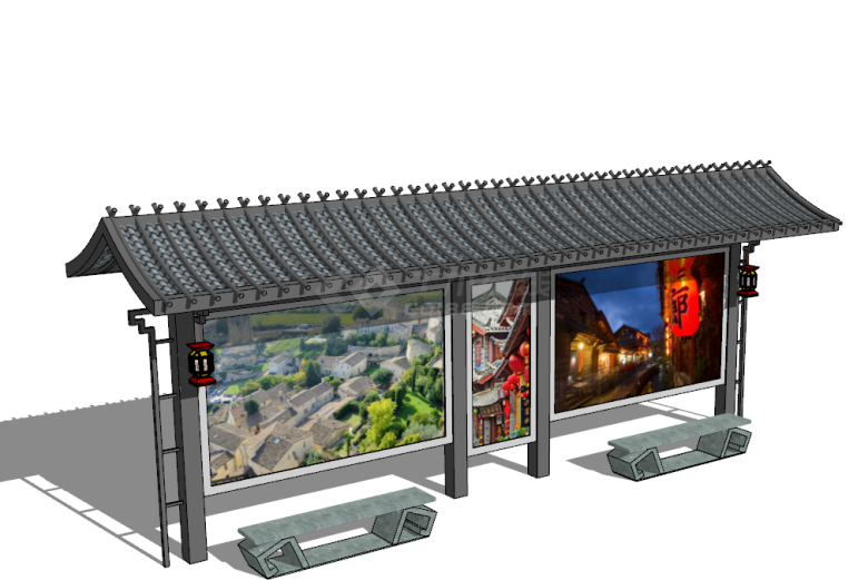 新中式复古公交站台su模型-图二