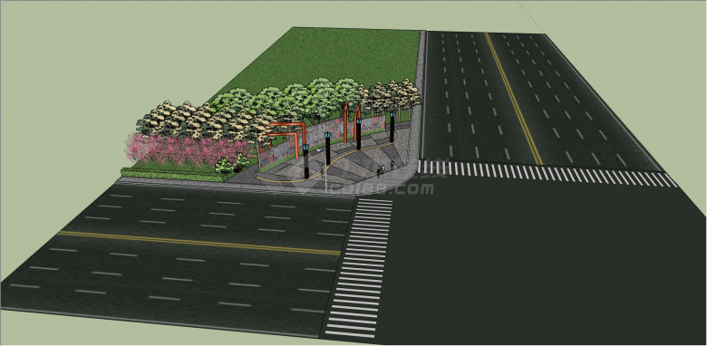现代三色系道路公路绿化带su模型-图一