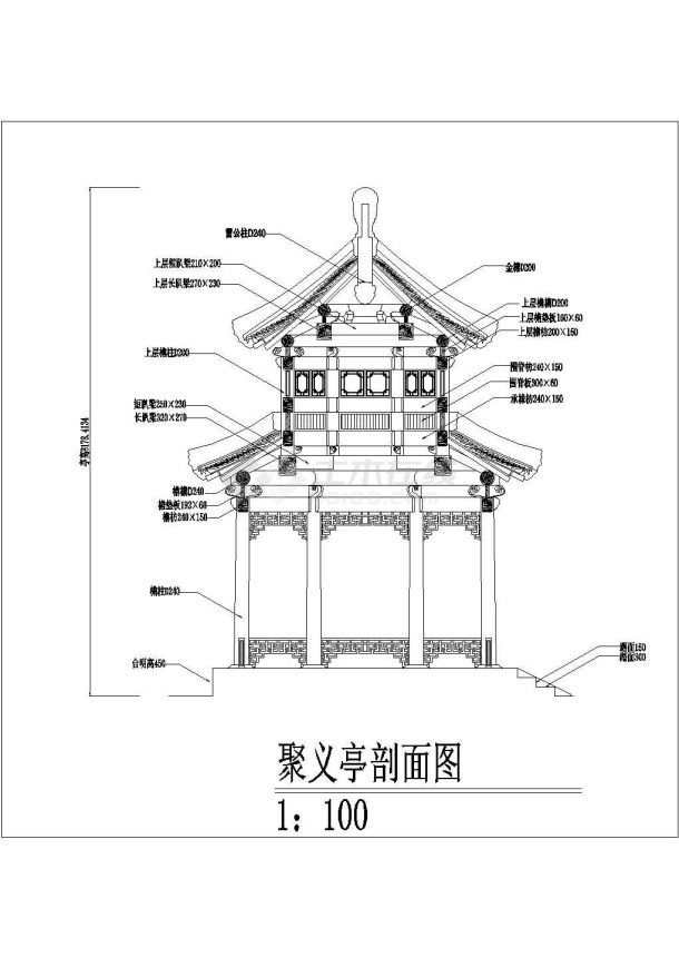 园林小品中式古典风格单围重檐八角亭聚义亭设计cad全套建筑施工图