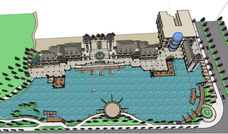 带码头的欧式商业街建筑水景区su模型-图二
