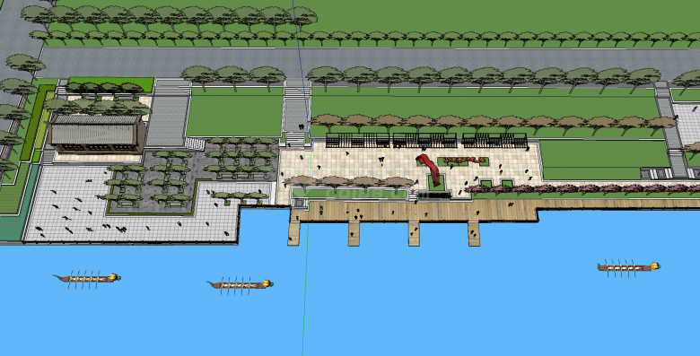 有龙舟的大型临水公园广场su模型-图二
