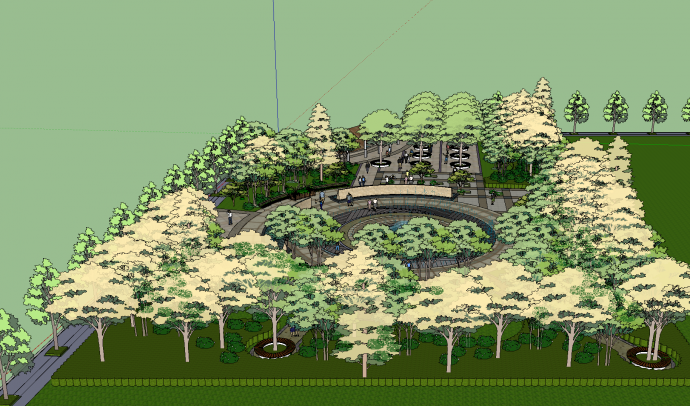 带喷泉植植物环绕的青年公园su模型_图1