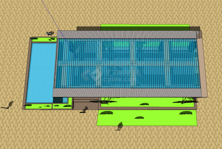 带鱼池的流水玻璃顶廊架su模型-图二