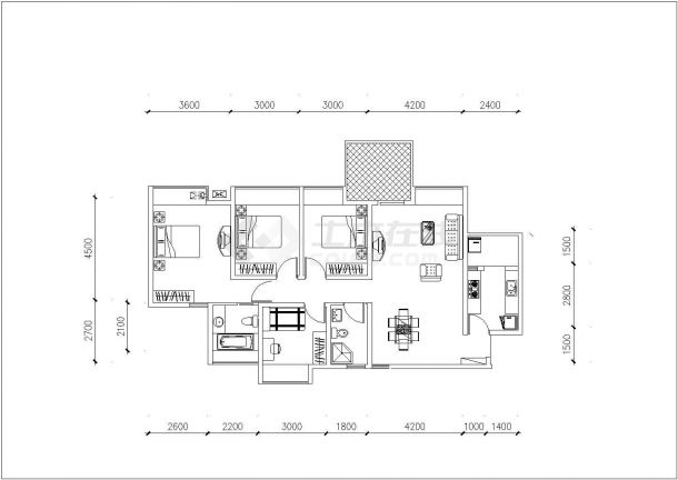 某地二三房经典户型平面设计CAD图纸-图二
