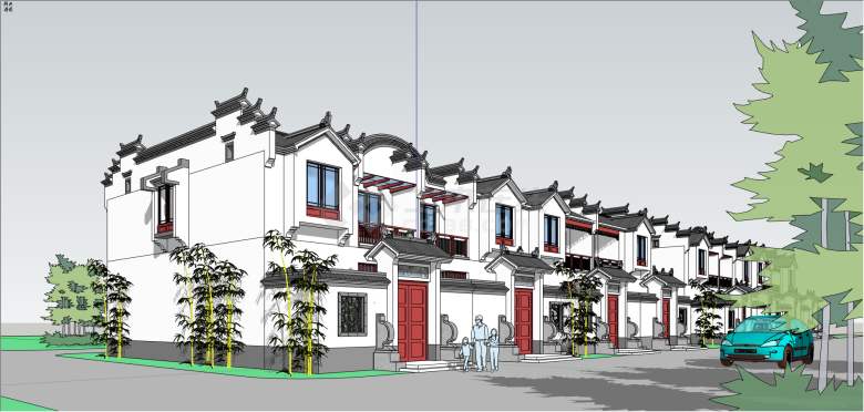仿古四连排徽派别墅su模型-图一