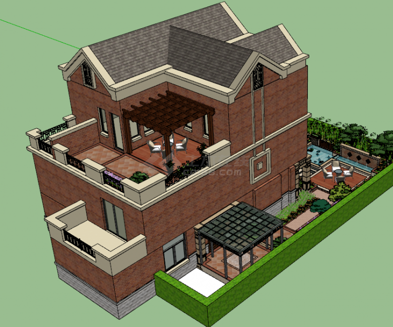 豪华别墅带院子景观建筑设计su模型-图二