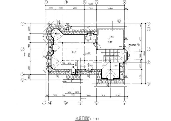 青岛某二层建筑设计CAD17.70×15.50设计施工图纸_图1
