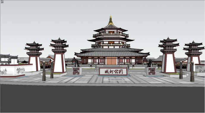 新中式风格古建公园景观SU模型_图1