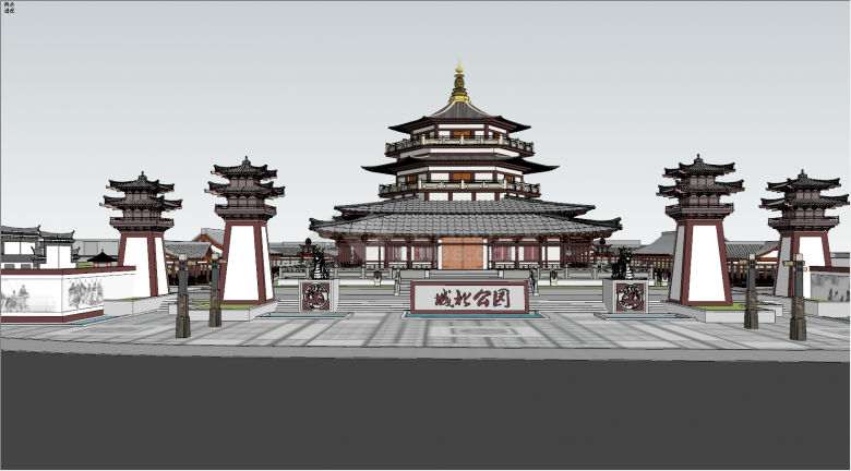 新中式风格古建公园景观SU模型-图一