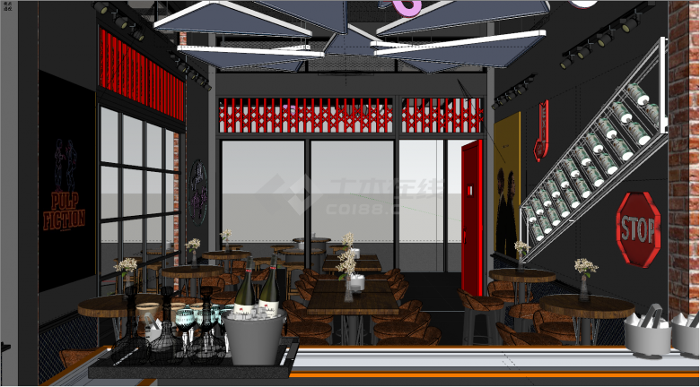 大红门复古高级音乐酒吧餐厅su模型-图二