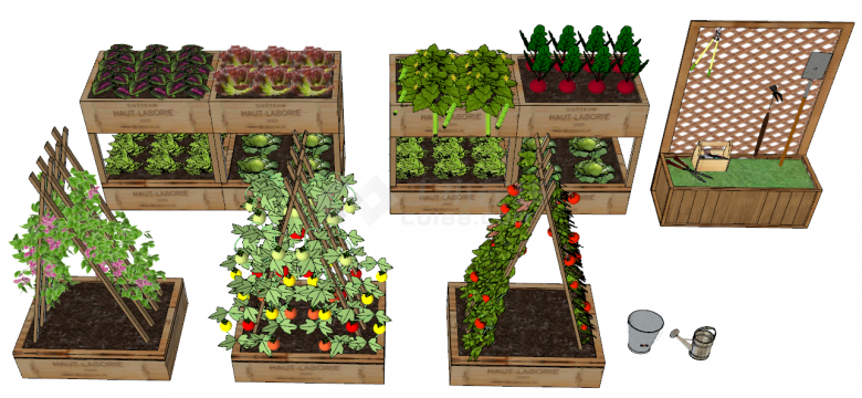 旁边有水桶的木质水果蔬菜种植器su模型-图二
