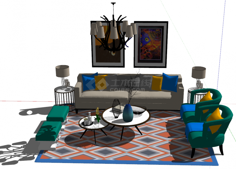 和绿色相间的轻奢客厅沙发组合su模型 -图二