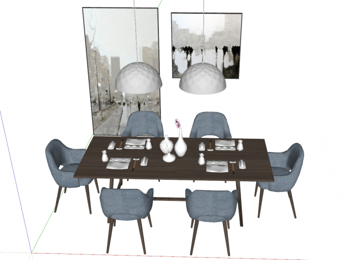 带有两个灰色大吊灯的简易蓝色椅子的餐厅空间 su模型_图1