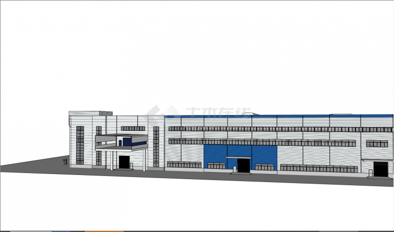 一座矮层的蓝白色相间的厂房 su模型-图二