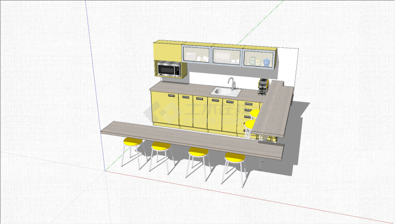 现代黄色开放式厨房家具组合su模型-图二