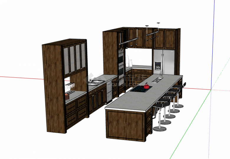 新式褐色柜子厨房su模型-图二