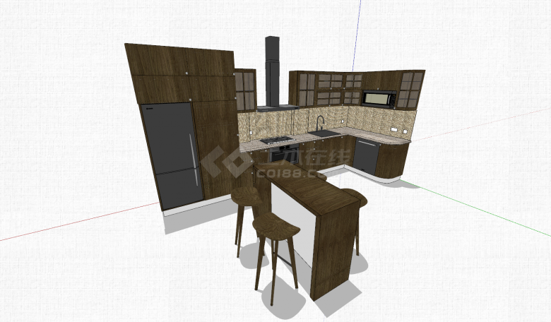 厨房棕色木制橱柜组合su模型-图一