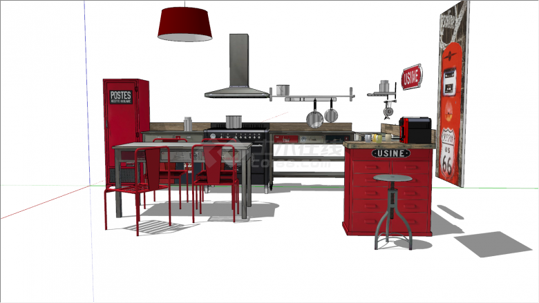 红色小型美式厨房su模型-图二