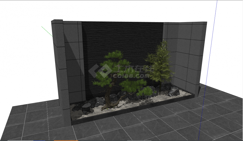 带有绿色的竹子的的深色背景墙的室内造景 su模型-图一
