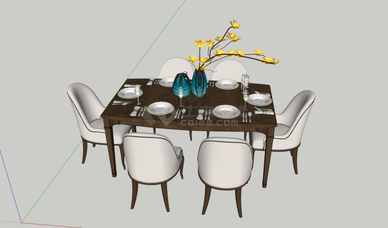 北欧6人白色布椅餐桌su模型-图二