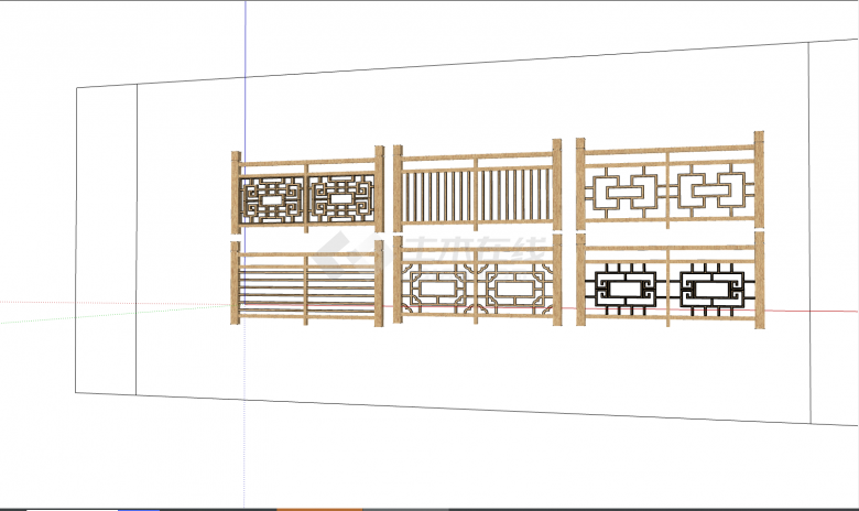 木制的带有镂空雕花的新中式护栏栏杆组合su模型-图一