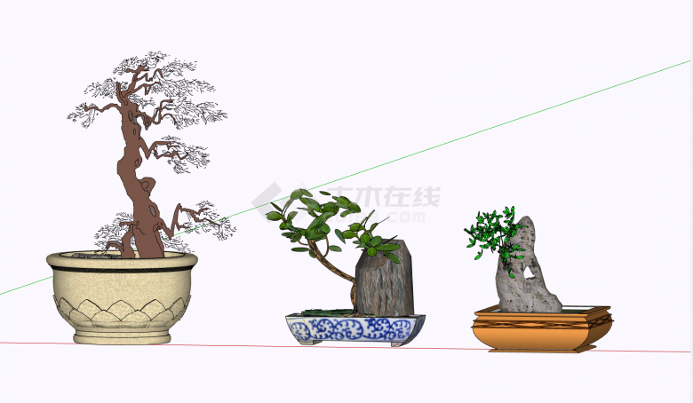 三盆不同形状盆栽设计su模型-图二
