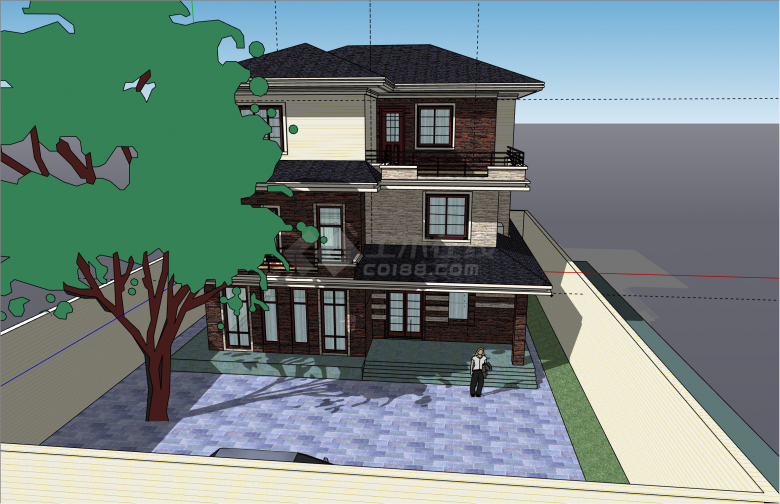 红砖装饰现代三层小别墅su模型-图二