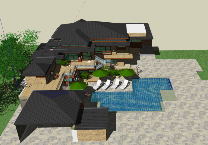 现代中式带泳池的高级别墅su模型_图1
