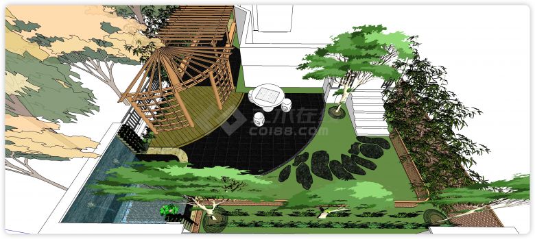 木制走廊荷花池参考庭院su模型-图二