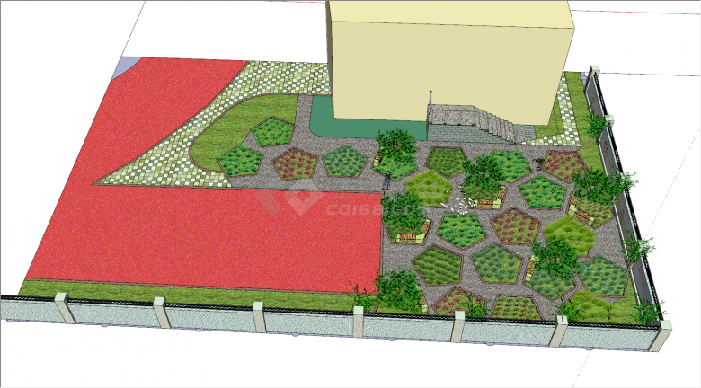 有五边型花盆和红色地毯的参考庭院 su模型-图二