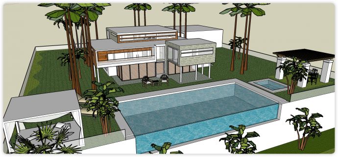 无边泳池现代风格别墅庭院su模型_图1