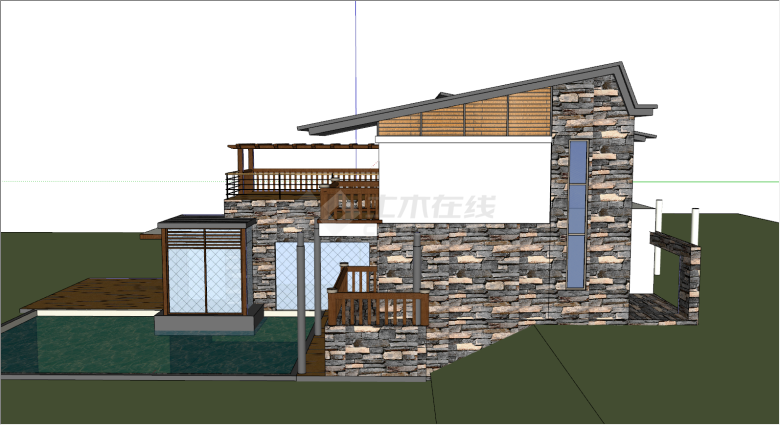 木地板小泳池条形房顶别墅su模型-图二