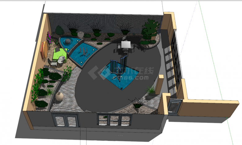 带有大院子和游泳池的 参考庭院su模型-图二