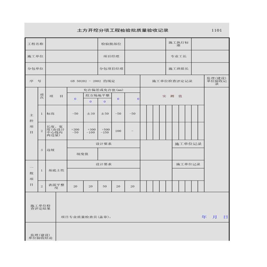 土方开挖分项工程检验批质量验收记录