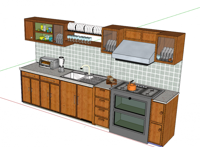 木质柜洗手池一体厨房su模型-图二