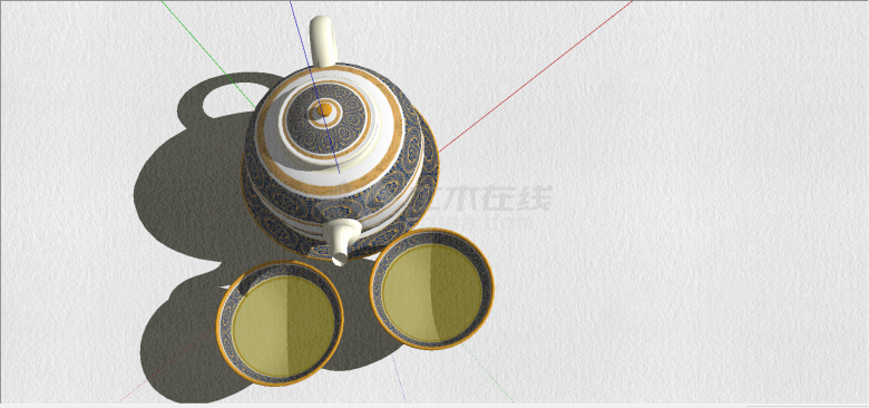 中式瓷器花纹样式茶壶和宽口茶杯su模型-图一